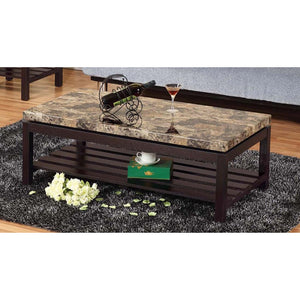 Benzara Wooden Coffee Table With Faux Marble Top, Red Cocoa Brown BM179749 Brown MDF Wood Marble BM179749