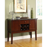 Solid Wooden Marble Top Server With Storage And Wine Rack, Cherry Brown