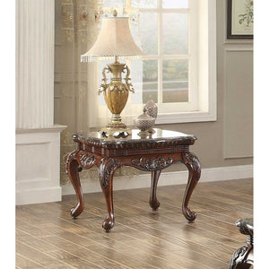 Benzara Traditional Style Engraved End Table With Marble Top, Dark Cherry Brown BM179993 Brown Wood & Marble BM179993