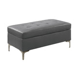 Benzara Rectangular Tufted Leather Ottoman, Gray BM180107 Gray Leather Metal BM180107