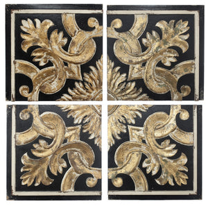 Benzara Distressed Fresco Panels With Traditional Motif In Wood, Black & Gold, Set of 4 BM180957 Black & Gold Wood BM180957