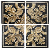 Distressed Fresco Panels With Traditional Motif In Wood, Black & Gold, Set of 4