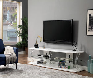 Benzara 60" Wooden TV Stand With Spacious Glass Shelf, White And Clear BM181323 White And Clear Glass and Wood BM181323