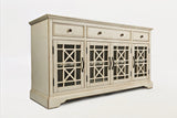 Benzara Craftman Series Wooden Media Unit With Fretwork Glass Door Cabinet, Antique Cream BM181498 Cream Wood Metal and Glass BM181498