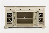 Benzara Craftman Series Wooden Media Unit With Fretwork Glass Door Cabinet, Antique Cream BM181498 Cream Wood Metal and Glass BM181498