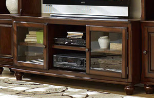 Benzara Wood And Glass TV Stand with Open Shelves, Brown BM181709 Brown Wood Glass Metal BM181709