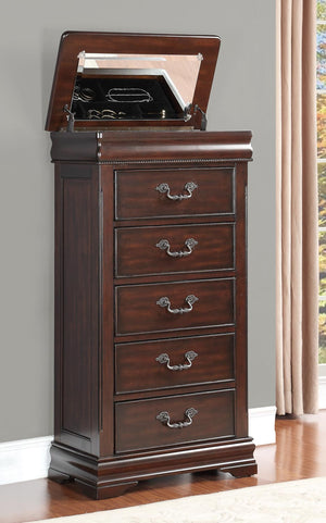 Benzara Wooden Lift Top Lingerie Chest With 5 Drawers, Cherry Brown BM181843 Brown Wood And Metal BM181843