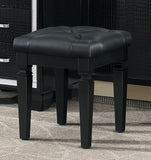 Benzara Wooden Vanity Stool With Faux Leather Tufted Seat, Black BM181876 Black Wood and faux Leather BM181876