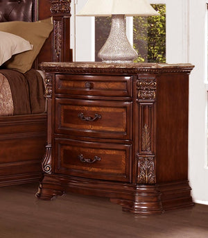 Benzara 3 Drawer Wooden Night Stand With Marble Top, Cherry Brown BM181885 Brown Wood and Marble BM181885