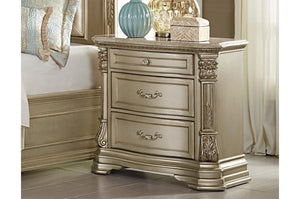 Benzara 3 Drawer Wooden Night Stand With Marble Top, Champagne Gold BM181888 Gold Wood BM181888