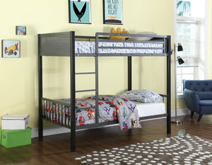 Benzara Metal Twin-Over-Twin Bunk Bed With Built-In Ladder, Gunmetal Gray & Black BM182640 Black & Gray Metal BM182640