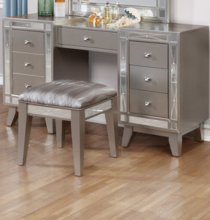 Benzara Wooden Set of Vanity and Stool with Mirrored Accents, Mercury Silver BM182718 Silver Wood BM182718