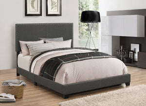 Benzara Fabric Upholstered Queen Size Platform Bed with Nail Head Trim, Charcoal Gray BM182809 Gray Fabric and Wood BM182809