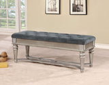 Benzara Traditional Style Solid Wooden Bench with Tufted Seat, Silver and Blue BM182938 Silver and Blue Solid Wood Faux Wood and Fabric BM182938