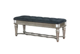 Benzara Traditional Style Solid Wooden Bench with Tufted Seat, Silver and Blue BM182938 Silver and Blue Solid Wood Faux Wood and Fabric BM182938