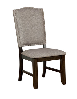 Benzara Fabric Upholstered Wooden Side Chair with Camelback, Pack of Two, Gray and Walnut Brown BM183112 Gray And Brown Wood and Fabric BM183112