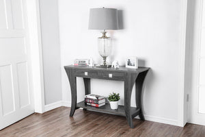 Benzara Two Drawers Wooden Sofa Table with Bottom Shelf and Swooping Curled Legs, Gray BM183124 Gray Wood and Metal BM183124