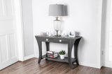 Two Drawers Wooden Sofa Table with Bottom Shelf and Swooping Curled Legs, Gray