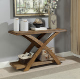 Benzara Wooden Sofa Table with Open Bottom Shelf and X-Shaped Base, Antique Light Oak Brown BM183134 Brown Wood BM183134