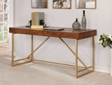 Benzara Modern Style Wooden Writing Desk with Unique Metal Legs, Walnut Brown and Gold BM183188 Brown and Gold Wood and Metal BM183188