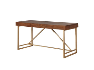 Benzara Modern Style Wooden Writing Desk with Unique Metal Legs, Walnut Brown and Gold BM183188 Brown and Gold Wood and Metal BM183188