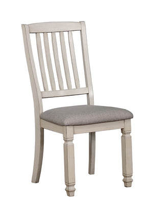 Benzara Solid Wood Side Chair With Fabric Padded Seat, Pack of Two, Antique White and Gray BM183258 White and Gray Fabric Solid Wood and Wood Veneer BM183258