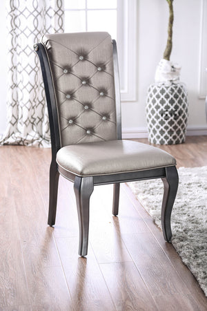 Benzara Button Tufted Leatherette Upholstered Wooden Side Chair with Scrolled Back, Pack of Two, Gray BM183262 Gray Faux Leather Solid Wood BM183262