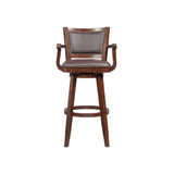 Benzara Nailhead Trim Faux Leather Upholstered Barstool with Wooden Arms, Dark Brown BM183375 Brown Solid Wood and Faux Leather BM183375