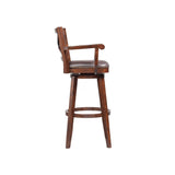 Benzara Nailhead Trim Faux Leather Upholstered Barstool with Wooden Arms, Dark Brown BM183375 Brown Solid Wood and Faux Leather BM183375