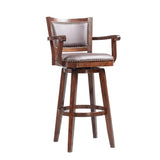 Benzara Nailhead Trim Faux Leather Upholstered Barstool with Wooden Arms, Dark Brown BM183375 Brown Solid Wood and Faux Leather BM183375