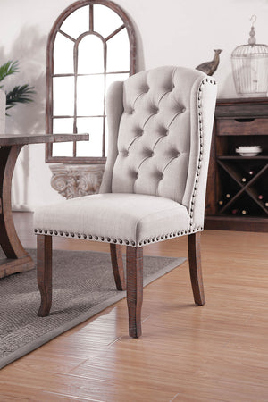 Benzara Button Tufted Fabric Upholstery Wingback Chair, Cream And Brown, Pack Of Two BM183674 Cream And Brown Fabric and Solid Wood BM183674