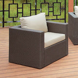 Benzara Faux Rattan Arm Chair with Seat & Back Cushions, Gray And Ivory BM183729 Gray And Ivory Faux Rattan Metal And Fabric BM183729