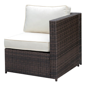 Benzara Faux Rattan Left Arm Chair with Seat & Back Cushions, Brown And Ivory BM183744 Brown And Ivory Faux Rattan Metal And Fabric BM183744