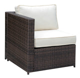 Benzara Faux Rattan Right Arm Chair with Seat & Back Cushions, Brown And Ivory BM183745 Brown And Ivory Faux Rattan Metal And Fabric BM183745