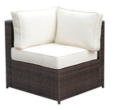 Benzara Faux Rattan Corner Chair with 1 Seat & 2 Back Cushions, Brown And Ivory BM183746 Brown And Ivory Faux Rattan Metal And Fabric BM183746