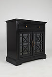 Benzara Craftman Series 32 Inch Wooden Accent Cabinet with Fretwork Glass Front, Black BM184046 Black Wood Glass and Metal BM184046