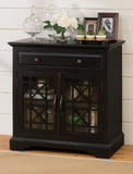 Benzara Craftman Series 32 Inch Wooden Accent Cabinet with Fretwork Glass Front, Black BM184046 Black Wood Glass and Metal BM184046