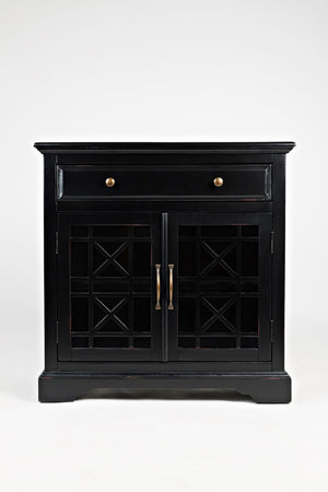 Benzara Craftman Series 32 Inch Wooden Accent Cabinet with Fretwork Glass Front, Black BM184046 Black Wood Glass and Metal BM184046