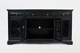 Benzara Craftman Series 60 Inch Wooden Media Unit with 3 Drawers, Antique Black BM184047 Black Wood Glass and Metal BM184047