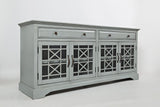 Benzara Craftmen Series 70 Inch Accent Cabinet with Fretwork Glass Front, Earl Gray BM184062 Gray Wood BM184062