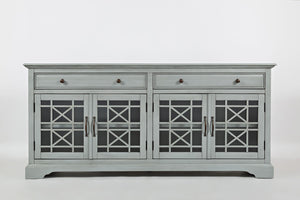 Benzara Craftmen Series 70 Inch Accent Cabinet with Fretwork Glass Front, Earl Gray BM184062 Gray Wood BM184062