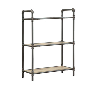 Benzara Four-Tier Metal Bookshelf With Wooden Shelves, Oak Brown & Gray BM184752 Brown And Gray Metal Wood  Veneer (Paper) Engineered Wood BM184752