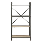 Benzara Three-Tier Metal Bookshelf With Wooden Shelves, Oak Brown & Gray BM184753 Brown And Gray Metal Wood  Veneer (Paper) Engineered Wood BM184753