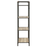 Benzara Three-Tier Metal Bookshelf With Wooden Shelves, Oak Brown & Gray BM184753 Brown And Gray Metal Wood  Veneer (Paper) Engineered Wood BM184753