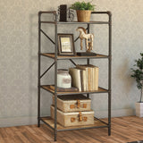 Benzara Three-Tier Metal Bookshelf With Wooden Shelves, Oak Brown & Gray BM184753 Brown And Gray Metal Wood  Veneer (Paper) Engineered Wood BM184753