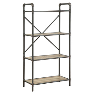 Benzara Three-Tier Metal Bookshelf With Wooden Shelves, Oak Brown & Gray BM184753 Brown And Gray Metal Wood  Veneer (Paper) Engineered Wood BM184753