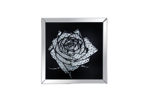 Benzara Square Mirror framed Rose Wall Decor With Crystal Inlays, Black and Silver BM184760 Black and Silver Mirror and Crystal BM184760