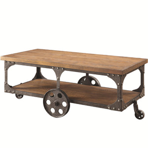 Benzara Industrial Style Solid Wooden Coffee Table With Metal Accents & Wheels, Brown BM184887 Brown Wood/Metal BM184887