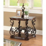 Traditional Solid End Table With Glass Inset, Metal Scrolls & 2 Shelves, Brown