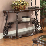 Benzara Traditional Solid Sofa Table With Glass Inset, Metal Scrolls & 2 Shelves, Brown BM184902 Brown Wood/Glass/Metal BM184902